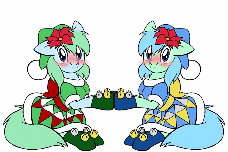 Size: 1280x853 | Tagged: safe, artist:naivintage, derpibooru import, oc, oc:brainstorm, oc:spearmint, unofficial characters only, earth pony, pony, blushing, christmas, crossdressing, cute, poinsettia, twins