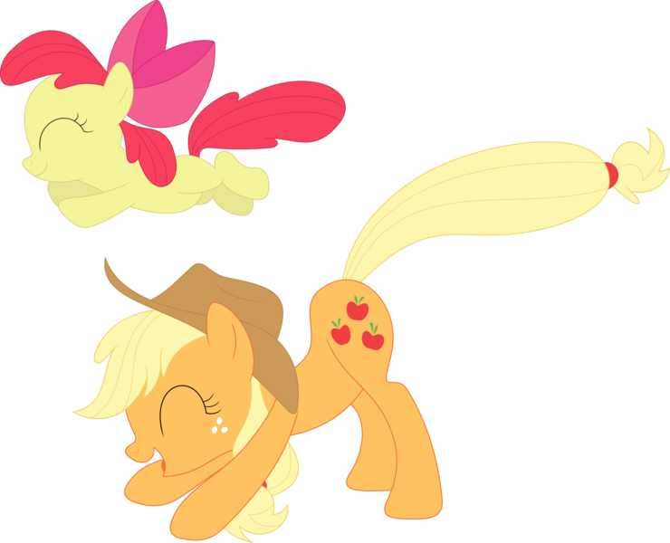 Size: 3549x2878 | Tagged: adorabloom, apple bloom, applejack, artist:porygon2z, cute, derpibooru import, hat, jackabetes, leapfrog, ribbon, safe, simple background, transparent background, vector