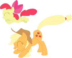 Size: 3549x2878 | Tagged: adorabloom, apple bloom, applejack, artist:porygon2z, cute, derpibooru import, hat, jackabetes, leapfrog, ribbon, safe, simple background, transparent background, vector