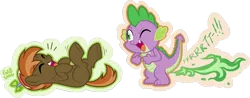 Size: 1280x501 | Tagged: safe, artist:serenamidori, derpibooru import, button mash, spike, dragon, earth pony, pony, colt, eyes closed, fart, fart joke, fart noise, fire, fire fart, laughing, male, on back, one eye closed, onomatopoeia, simple background, sound effects, transparent background