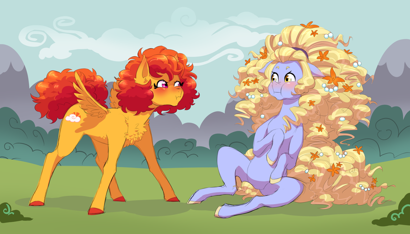 Size: 1750x1000 | Tagged: safe, artist:pikokko, derpibooru import, oc, oc:stephanie, oc:sunset sky, unofficial characters only, earth pony, pegasus, pony, blushing, chest fluff, cute, flower, flower in hair, fluffy, offspring, parent:cheese sandwich, parent:rainbow dash, parent:sapphire shores, parent:steven magnet, parents:cheesedash, puffy cheeks, rivalry, scrunchy face, the dark knight rises