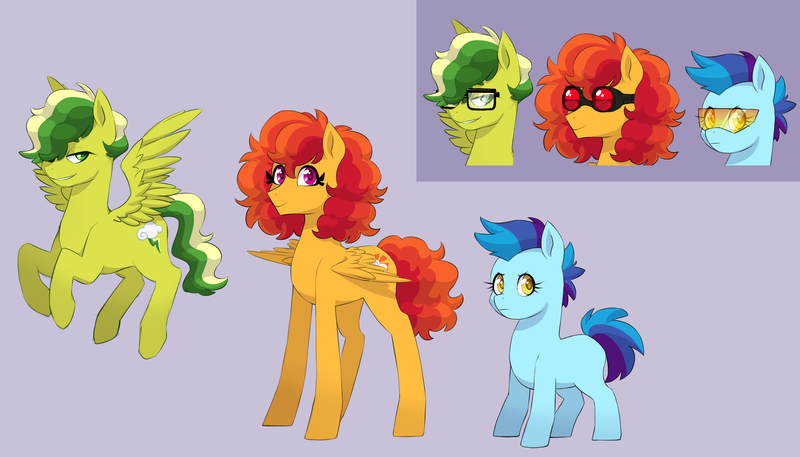 Size: 3500x2000 | Tagged: safe, artist:pikokko, derpibooru import, oc, oc:puffy cloud, oc:storm blast, oc:sunset sky, unofficial characters only, earth pony, pegasus, pony, glasses, offspring, parent:cheese sandwich, parent:rainbow dash, parents:cheesedash, reference sheet, sisters, sunglasses