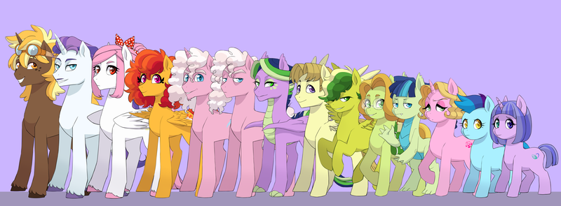 Size: 5421x2000 | Tagged: safe, artist:pikokko, derpibooru import, oc, oc:bloody rose, oc:caesar, oc:cortland, oc:everfree, oc:floret, oc:jade, oc:marshall (marshmallow), oc:pickaxe, oc:puffy cloud, oc:seed seeker (syd), oc:sound wave, oc:storm blast, oc:sunset sky, oc:sunshine, unofficial characters only, dracony, dragon, earth pony, hybrid, pegasus, pony, unicorn, glasses, goggles, height difference, interspecies offspring, offspring, parent:applejack, parent:bulk biceps, parent:caramel, parent:cheese sandwich, parent:fluttershy, parent:pinkie pie, parent:pokey pierce, parent:prince blueblood, parent:rainbow dash, parent:rarity, parent:spike, parent:twilight sparkle, parents:carajack, parents:cheesedash, parents:flutterbulk, parents:pokeypie, parents:rariblood, parents:twispike, reference sheet, size chart, size comparison