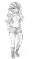 Size: 1655x2820 | Tagged: safe, artist:cross_ornstein, derpibooru import, sunset shimmer, equestria girls, legend of everfree, freckles, grayscale, monochrome, solo, thunder thighs, traditional art