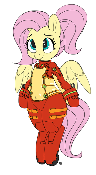 Size: 1063x1920 | Tagged: safe, artist:pabbley, derpibooru import, fluttershy, pony, semi-anthro, belly button, bipedal, crossover, neon genesis evangelion, plugsuit, rebuild of evangelion, shikinami asuka langley, simple background, solo, souryuu asuka langley, spread wings, white background