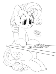 Size: 1280x1712 | Tagged: safe, artist:pabbley, derpibooru import, rarity, pony, shrimp, unicorn, female, food, glowing horn, grayscale, levitation, magic, mare, monochrome, ponies eating meat, ponies eating seafood, rarity looking at food, simple background, sitting, solo, sushi, telekinesis, white background