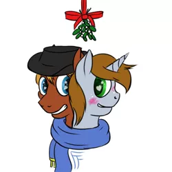 Size: 1280x1280 | Tagged: safe, artist:frecklesfanatic, derpibooru import, oc, oc:calamity, oc:littlepip, unofficial characters only, pegasus, pony, unicorn, fallout equestria, fanfic, blushing, christmas, clothes, dashite, fanfic art, female, freckles, hat, heart, heart eyes, hetero littlepip, horn, looking at each other, male, mare, mistletoe, piplamity, scarf, shared clothing, shared scarf, shipping, simple background, smiling, stallion, straight, teeth, white background, wingding eyes, winter