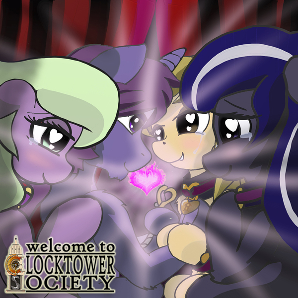 Size: 900x900 | Tagged: suggestive, artist:manifest harmony, derpibooru import, oc, oc:dusk whisper, oc:indigo surprise, oc:mocha creme, oc:seypiey oulomenohn, unofficial characters only, earth pony, pony, unicorn, fanfic, fanfic:clocktower society, bdsm, bedroom eyes, blushing, collar, consensual, crying, cuffs, fanfic art, fire, heart, heart eyes, leash, pet play, pet tag, romantic, slave, tears of joy, wingding eyes