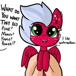 Size: 1584x1584 | Tagged: safe, artist:tjpones, derpibooru import, oc, oc:melon frost, unofficial characters only, pegasus, pony, commission, cute, dialogue, holding a pony, offscreen character, simple background, solo, tiny ponies, what do you want, white background