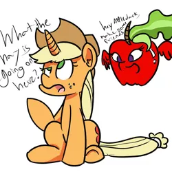 Size: 1024x1024 | Tagged: artist needed, safe, derpibooru import, applejack, princess celestia, pony, unicorn, apple, dialogue, duo, female, food, living apple, make some friends, mare, open mouth, race swap, simple background, sitting, spread wings, suspicious floating fruit, unicorn applejack, white background