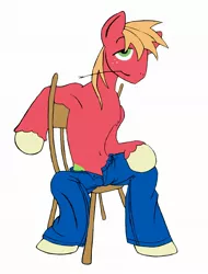 Size: 1576x2072 | Tagged: safe, artist:stileelits, derpibooru import, big macintosh, earth pony, pony, chair, clothes, jeans, male, pants, partial nudity, sidemouth, solo, stallion, topless