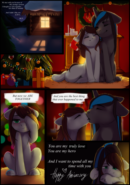 Size: 1280x1829 | Tagged: safe, artist:littlemoshi, derpibooru import, oc, oc:absempti, oc:sherry, unofficial characters only, earth pony, pony, unicorn, anniversary, christmas, comic, fire, hug, kissing, love, male, night, oc x oc, present, shipping, snow, straight, warm