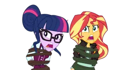 Size: 5000x2813 | Tagged: safe, artist:limedazzle, derpibooru import, edit, vector edit, sci-twi, sunset shimmer, twilight sparkle, equestria girls, friendship games, legend of everfree, absurd resolution, bondage, clothes, duo, i've seen enough hentai to know where this is going, leather jacket, open mouth, school uniform, simple background, tied up, transparent background, vector, vine