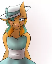 Size: 720x890 | Tagged: anthro, artist:thyra, bonnet, bow, clothes, crossdressing, derpibooru import, dress, eyelashes, eyeshadow, hat, looking at you, makeup, male, oc, oc:cold front, one eye closed, safe, simple background, solo, stallion, trap, unofficial characters only, vintage, white background, wink