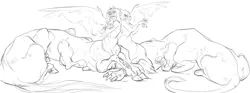 Size: 2701x1000 | Tagged: safe, artist:nothing41, derpibooru import, greta, oc, anthro, butterfly, griffon centaur, gryphon, horse, hybrid, taur, black and white, grayscale, horsified, monochrome, multiple limbs, paws, simple background, taur train, white background