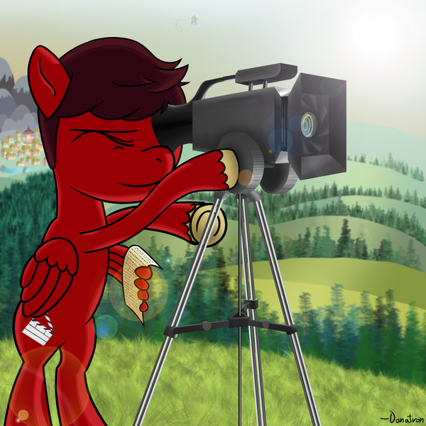 Size: 1717x1717 | Tagged: safe, artist:danatron1, derpibooru import, derpy hooves, oc, oc:littleshyfim, pegasus, pony, camera, female, lens flare, male, mare, morse code, ponyville, red and black oc, script, solo focus, tripod, wing hands