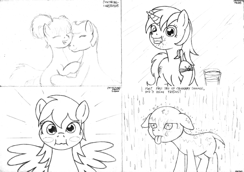 Size: 2330x1642 | Tagged: safe, artist:merkleythedrunken, derpibooru import, oc, oc:nudie, unofficial characters only, earth pony, pegasus, pony, unicorn, blushing, brushing teeth, female, hairless, male, mare, monochrome, sketch, sketch dump, stallion, toothbrush, traditional art