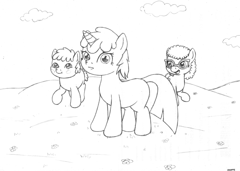 Size: 2314x1647 | Tagged: artist:merkleythedrunken, derpibooru import, dinky hooves, monochrome, safe, sketch, traditional art, truffle shuffle, twist