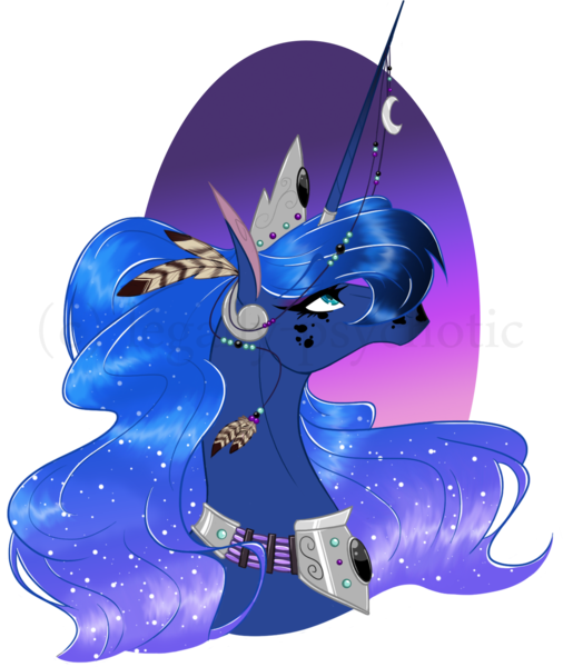 Size: 1305x1547 | Tagged: artist:legally-psychotic, bust, color porn, crown, derpibooru import, eyelashes, feather, horn jewelry, horn ring, horse, horsified, jewelry, lidded eyes, looking up, modified accessory, necklace, portrait, princess luna, profile, regalia, safe, simple background, solo, transparent background, watermark