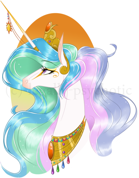 Size: 1240x1594 | Tagged: safe, artist:legally-psychotic, derpibooru import, princess celestia, pony, bust, eyelashes, eyeshadow, female, horn jewelry, horn ring, jewelry, lidded eyes, looking up, makeup, mare, modified accessory, necklace, portrait, profile, simple background, solo, transparent background, watermark