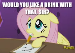 Size: 720x507 | Tagged: cute, derpibooru import, discovery family logo, edit, edited screencap, floppy ears, fluttershy, image macro, meme, mouth hold, nervous, restaurant, safe, screencap, shyabetes, solo, viva las pegasus, waitress