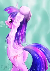 Size: 819x1158 | Tagged: suggestive, artist:phoenixperegrine, derpibooru import, twilight sparkle, pony, arm hooves, bipedal, blushing, female, looking back, shower, solo, solo female, tongue out, wet clothes, wet mane, wet shirt