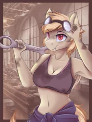 Size: 3600x4800 | Tagged: suggestive, artist:ardail, derpibooru import, oc, unofficial characters only, anthro, earth pony, anthro oc, armpits, belly button, breasts, cleavage, clothes, female, goggles, mechanic, midriff, overalls, solo, solo female, sports bra, tanktop, workshop, wrench