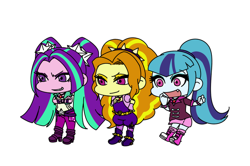 Size: 1500x1000 | Tagged: safe, artist:raika0306, derpibooru import, adagio dazzle, aria blaze, sonata dusk, equestria girls, rainbow rocks, chibi, clothes, cute, fangs, smiling, the dazzlings, trio