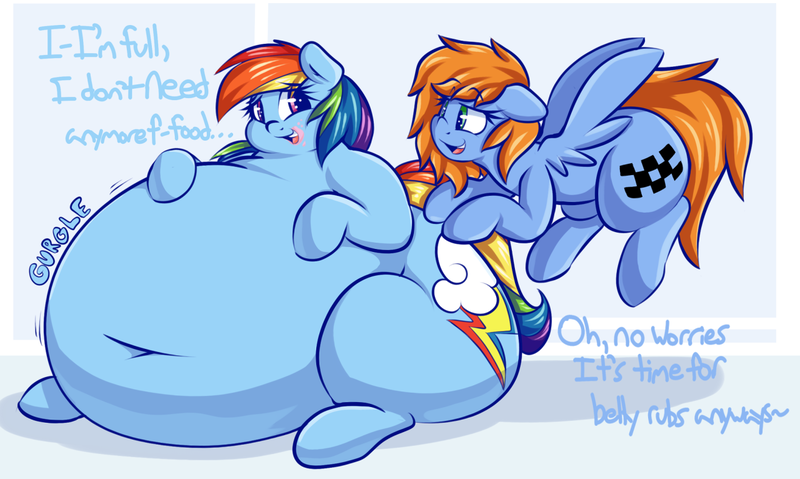 Size: 1280x766 | Tagged: questionable, artist:graphenescloset, derpibooru import, rainbow dash, oc, oc:quick trip, adorafatty, belly, belly button, big belly, canon x oc, fat, feedee, feeder, feeding, imminent belly rub, immobile, impossibly large belly, morbidly obese, obese, rainblob dash, shipping, stomach noise, stuffed, stuffing, that pony sure does love fatty, tubby wubby pony waifu, weight gain