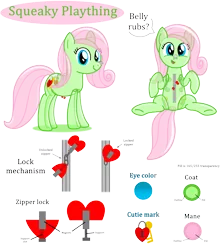 Size: 3200x3600 | Tagged: artist:bladedragoon7575, bellyrubs, cute, derpibooru import, handles, inflatable, inflatable pony, latex, lockable zipper, looking at you, oc, oc:squeaky plaything, original species, pool toy, pooltoy pony, reference sheet, safe, simple background, translucent, transparent background, unofficial characters only, zipper
