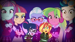 Size: 1280x720 | Tagged: safe, artist:limedazzle, artist:themexicanpunisher, derpibooru import, edit, edited screencap, screencap, vector edit, indigo zap, lemon zest, sci-twi, sour sweet, sugarcoat, sunny flare, sunset shimmer, twilight sparkle, equestria girls, legend of everfree, clothes, crossed arms, freckles, glasses, goggles, i've seen enough hentai to know where this is going, let me go, open mouth, school uniform, shadow five, unleash the magic, yelling