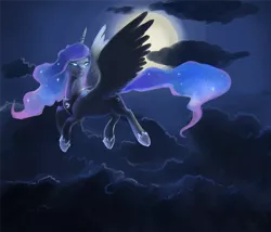 Size: 1200x1028 | Tagged: artist:mylittlegodzilla, cloud, cloudy, derpibooru import, flying, glowing eyes, moon, night, princess luna, safe, solo, stars