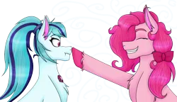 Size: 6568x3786 | Tagged: safe, artist:cornerverse, derpibooru import, pinkie pie, sonata dusk, earth pony, pony, absurd resolution, boop, bow, chest fluff, colored hooves, female, grin, hair bow, lesbian, nose wrinkle, pinata (ship), ponytail, scrunchy face, shipping, simple background, smiling, transparent background, unshorn fetlocks