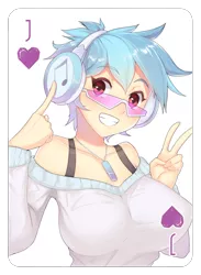 Size: 3078x4203 | Tagged: artist:figgot, breasts, busty vinyl scratch, derpibooru import, female, human, humanized, jack of hearts, peace sign, solo, suggestive, vinyl scratch