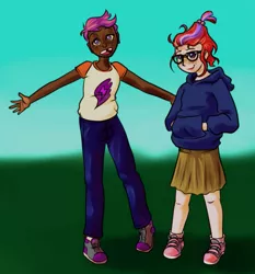 Size: 933x1000 | Tagged: artist:halcy0n, clothes, dark skin, derpibooru import, freckles, gap teeth, glasses, hoodie, human, humanized, jeans, moondancer, pants, safe, scootaloo, shirt, shoes, skirt, sneakers