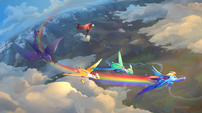 Size: 4400x2475 | Tagged: artist:viwrastupr, cloud, cloudy, contrail, crossover, derpibooru import, dragon, flying, how to train your dragon, latias, latios, night fury, pokémon, race, rainbow dash, safe, scenery, scenery porn, shiny pokémon, sky, spread wings, toothless the dragon