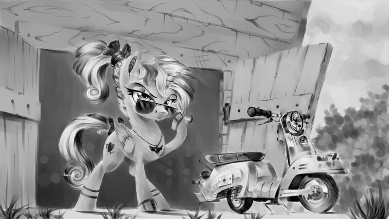 Size: 1920x1080 | Tagged: artist:v747, derpibooru import, grayscale, jewelry, monochrome, necklace, princess cadance, safe, scooter, shed, solo, sunglasses, teen princess cadance