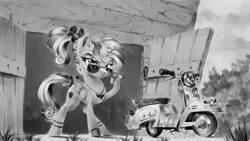 Size: 1920x1080 | Tagged: artist:v747, derpibooru import, grayscale, jewelry, monochrome, necklace, princess cadance, safe, scooter, shed, solo, sunglasses, teen princess cadance