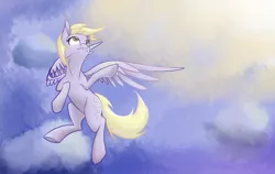 Size: 2374x1500 | Tagged: safe, artist:fanch1, derpibooru import, derpy hooves, pegasus, pony, cloud, derp, female, flying, looking up, mare, sky, solo, spread wings, underhoof, windswept mane