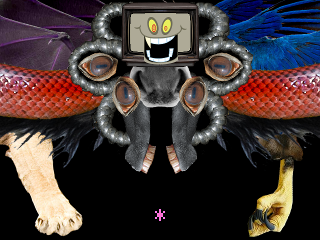 Size: 640x480 | Tagged: abomination, artist:dalekolt, derpibooru import, discord, floweycord, laughing, nightmare fuel, omega discord, omega flowey, open mouth, safe, smiling, twilight friskle, twilight sparkle, undertale, wide eyes