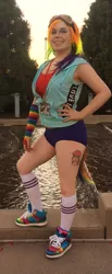 Size: 640x1549 | Tagged: arm warmers, artist:alvrexadpot, bandage, clothes, cosplay, costume, derpibooru import, goggles, hoodie, human, irl, irl human, kneesocks, nekocon, photo, pose, rainbow dash, safe, shorts, socks, solo, tail, tattoo, wig