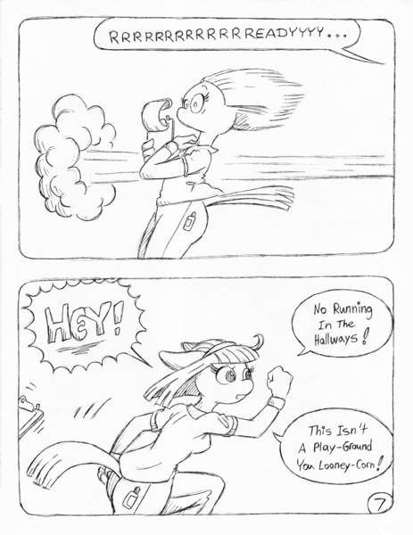 Size: 849x1100 | Tagged: anthro, artist:circe, artist:steve budzinski, black and white, blue nile, comic, comic:soreloser, derpibooru import, grayscale, monochrome, rarity, safe, traditional art, zip lines