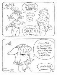 Size: 849x1100 | Tagged: anthro, artist:circe, artist:steve budzinski, black and white, blue nile, comic, comic:soreloser, derpibooru import, grayscale, monochrome, rarity, suggestive, towel, traditional art