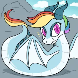 Size: 1280x1280 | Tagged: alternate universe, amphiptere, armless, artist:artist-block, artist:ask-rainbow-wyrm, ask, ask-rainbow-wyrm, derpibooru import, dragon, pony ask blog, rainbow dash, rainbow dragon, safe, solo, species swap, tumblr, wyrm