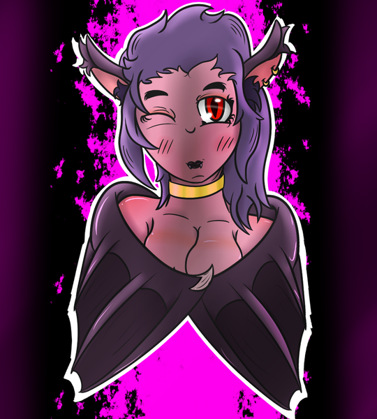 Size: 900x1000 | Tagged: artist:lazerblues, blushing, breasts, choker, cleavage, covering, derpibooru import, ear piercing, fangs, female, lipstick, oc, oc:yuzu, one eye closed, piercing, satyr, solo, solo female, suggestive, unofficial characters only, wink