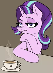 Size: 450x626 | Tagged: artist:duop-qoub, artist:jericoanon, chest fluff, coffee, cup, derpibooru import, fluffy, food, frown, leaning, lidded eyes, looking at you, safe, solo, starlight glimmer, steam, tea, teacup, unamused