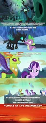 Size: 1280x3400 | Tagged: caption, changedling, changeling, changeling queen, circle of life, derpibooru import, edit, edited screencap, female, image macro, king thorax, meme, princess celestia, princess luna, queen chrysalis, safe, screencap, shining armor, spike, starlight glimmer, the lion king, the times they are a changeling, thorax, to where and back again, x intensifies