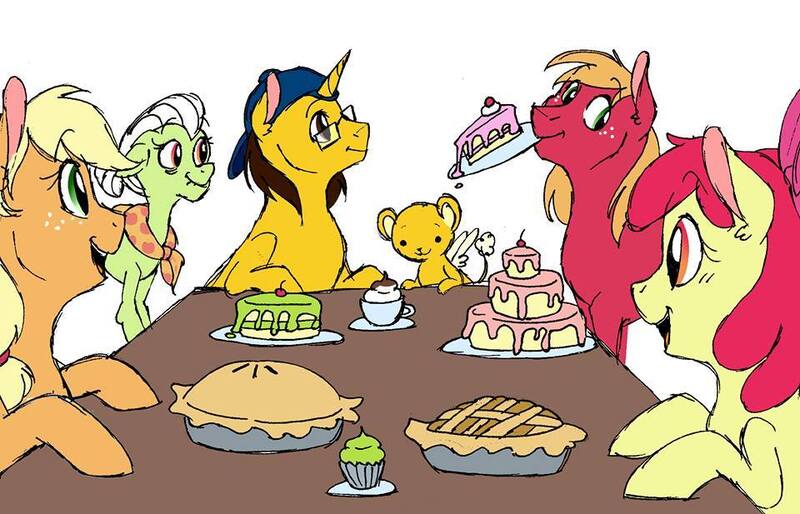 Size: 960x617 | Tagged: safe, artist:strangiesleepy, derpibooru import, apple bloom, applejack, big macintosh, granny smith, oc, oc:cafita, pony, unicorn, cake, cap, food, glasses, hat, kerberos, male, mouth hold, pie, simple background, white background