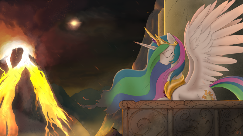 Size: 3413x1920 | Tagged: safe, artist:brisineo, derpibooru import, princess celestia, alicorn, pony, bad end, balcony, crying, eruption, eyes closed, female, jewelry, lava, mare, regalia, scenery, solo, spread wings, story in the source, story included, volcano, wings