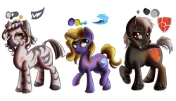Size: 3331x1921 | Tagged: safe, artist:elmutanto, derpibooru import, oc, oc:blue shores, oc:decimus, oc:hard luck, unofficial characters only, earth pony, pony, unicorn, zebra, fallout equestria, fallout equestria: days gone by, black, blue, concept art, cutie mark, fallout, female, male, mare, stallion